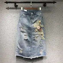 Вышитая бисером джинсовая юбка для женщин Jupe Femme Повседневная рваная джинсовая юбка Уличная Макси Длинная женские юбки Футляр C5779