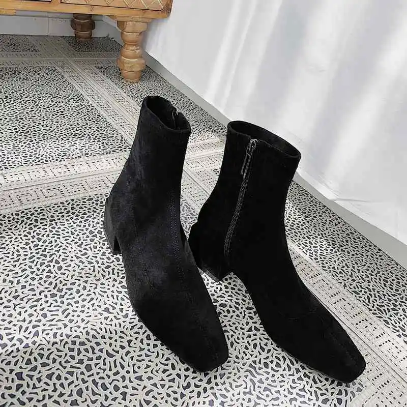 krazing pot flock material med heels zipper square toe keep warm movie star office lady winter shoes gorgeous ankle boots l00