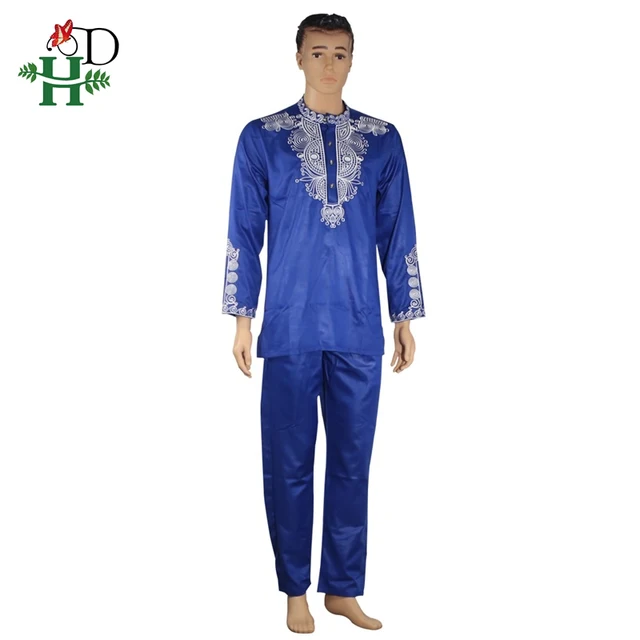 H&D Dashiki Mens Top Pant 2 Pieces Outfit Set African Men Clothes 2022 Riche African Clothing For Men Dashiki Shirt With Trouser Blue