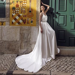 LORIE Elegant White/Ivory Lace Wedding Dresses O-Neck Spaghetti Straps Sleeveless Backless Satin Bridal Gowns vestidos de novia