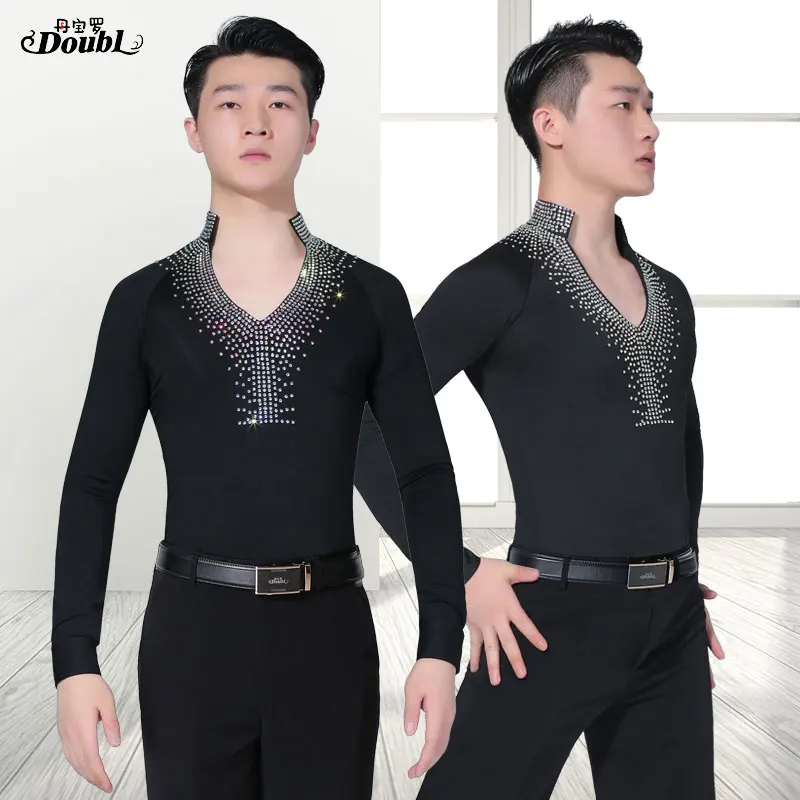 DOUBL camisa baile latino para hombre, de baile de Salsa con diamantes de imitación, para entrenamiento de escenario, fiesta de noche|Latín| - AliExpress