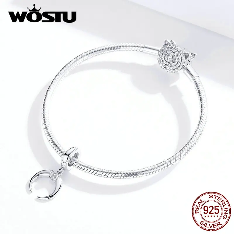 WOSTU подлинный 925 пробы серебряный полумесяц Шарм Подходит браслет кулон циркон бусины модные ювелирные изделия CQC1366