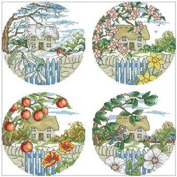

Round Four Season Cottage Counted Cross Stitch 11CT 14CT 18CT DIY Cross Stitch Kit Embroidery Needlework Sets home decor