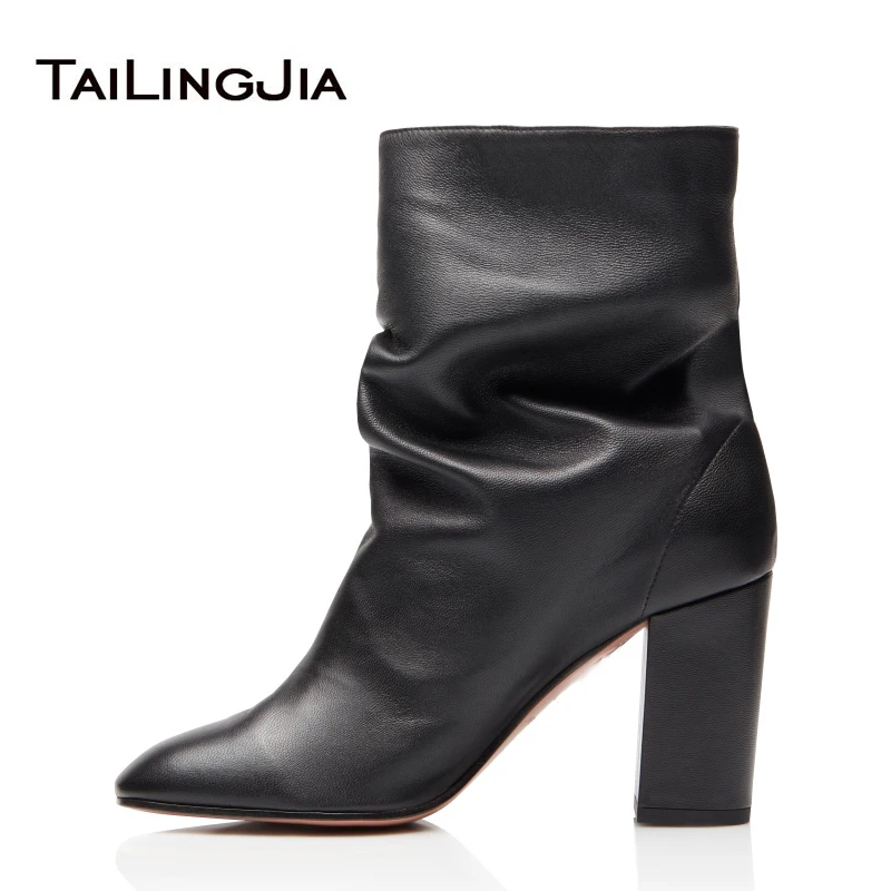 

Black PU leather Short Boots Block High Heels Women Chunky Heel Daily Wear China Factory Handmade Large Size Winter Booties 2019