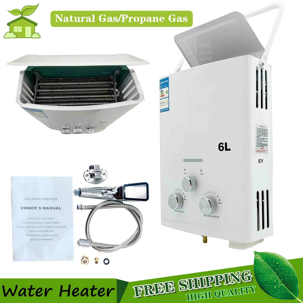 Calentador de agua sin tanque de Gas Natural/propano de Caldera de agua caliente instantáneo de GLP/LNG de 12kW con Kit de cabezal de ducha, envío gratis|Calentadores de agua de