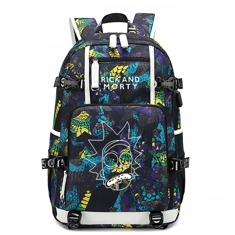 Аниме Рик и Морти рюкзак USB порт сумка Змеиный узор подростка школьные сумки книга для путешествий сумка для ноутбука - Цвет: Style 10