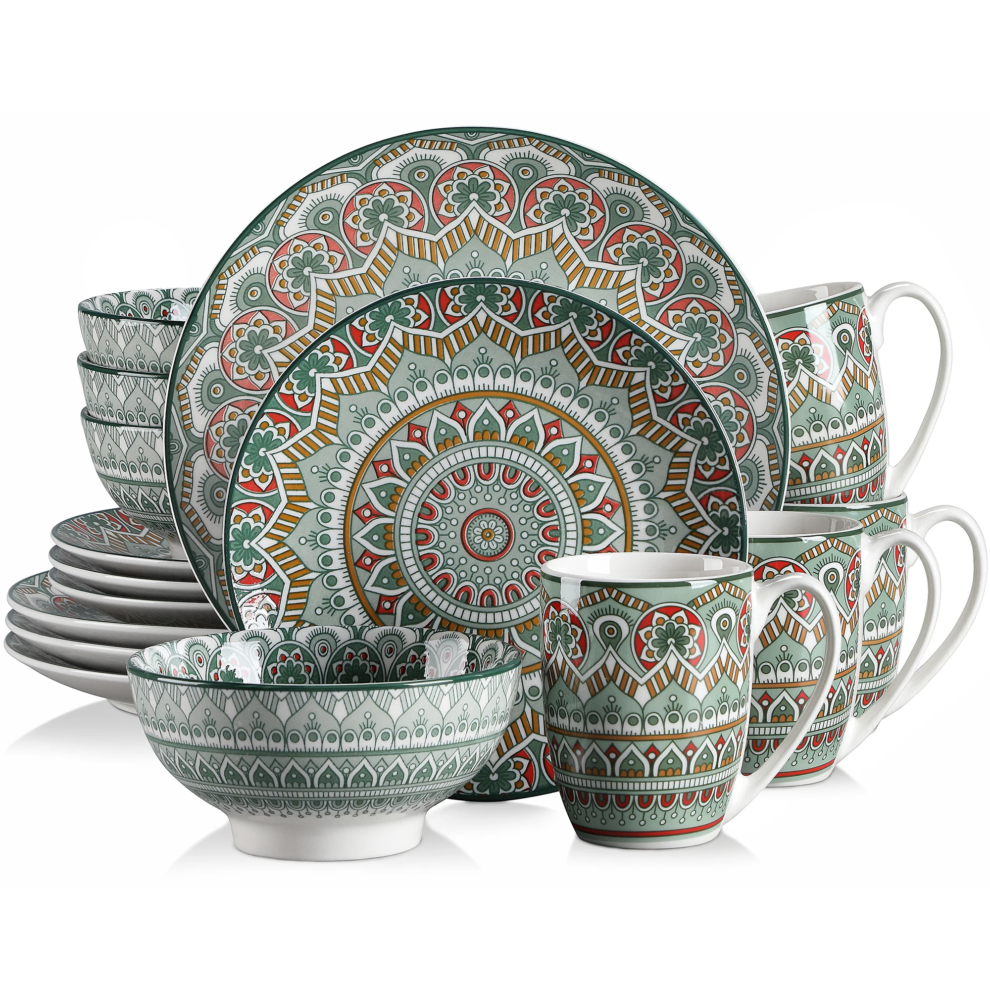 16/32/48-Piece Bohemian Mandala Patterned Green Porcelain Tableware ...