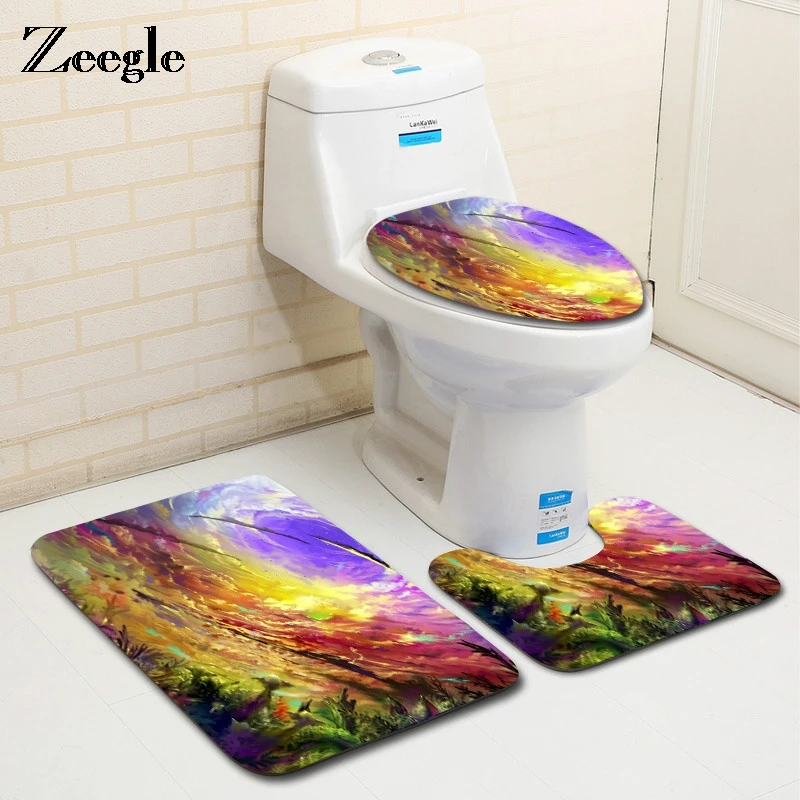 Zeegle Abstract Pattern 3Pcs/set Mats For Bathroom And Toilet Anti-slip Bathroom Rugs And Carpets Toilet Mats Accessories Decor