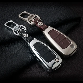 

Genuine Leather Car Key Case Fob Cover Fits for Ford Mondeo Explorer Edge Kuga Focus Remote Alloy Key Rings Car Keychain
