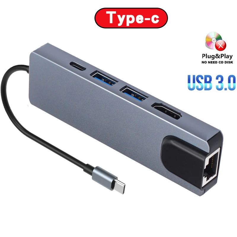 Hub Usb Hub 3.0 Cablato C Con Alimentatore Usb-C Adattatori Dock Tipo-C Porta Di Ricarica Convertitore Multifunzione Plug And Play Switch