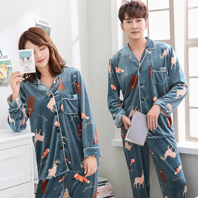 Autumn and Winter Newest Gold Velvet Pajamas Women's Couples Long-sleeved Suit Men and Women Cardigan Casual Home Clothes