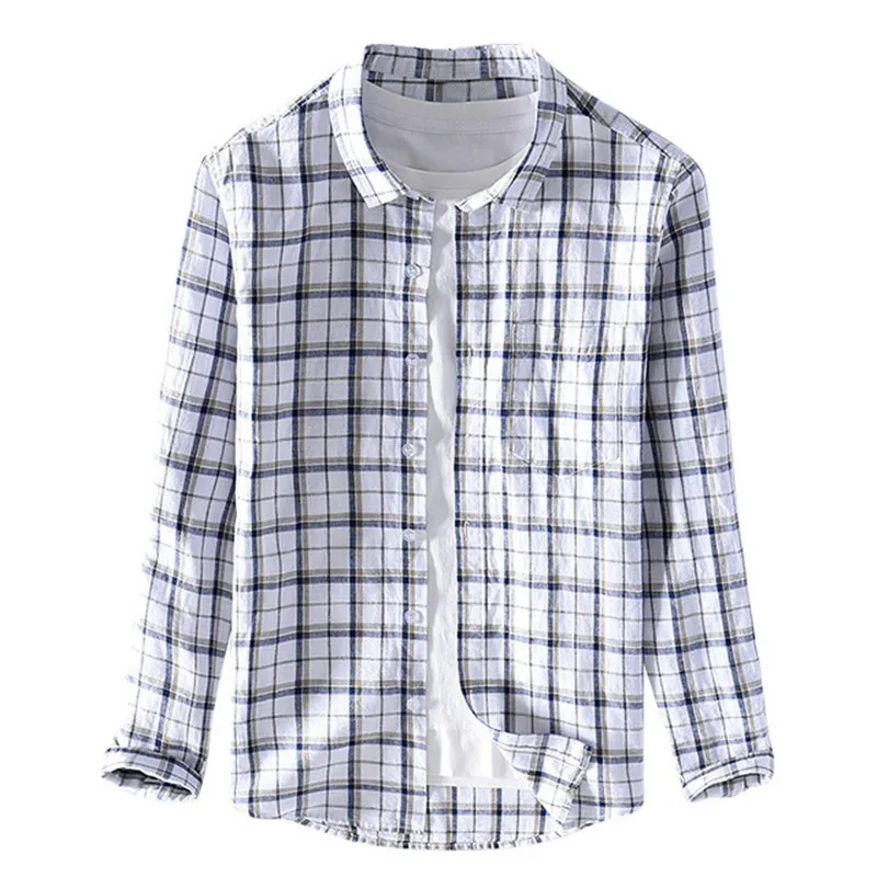

Autumn 2019 new leisure Plaid long sleeve Linen Shirt Men's cotton and hemp square collar slim linen shirts 9303