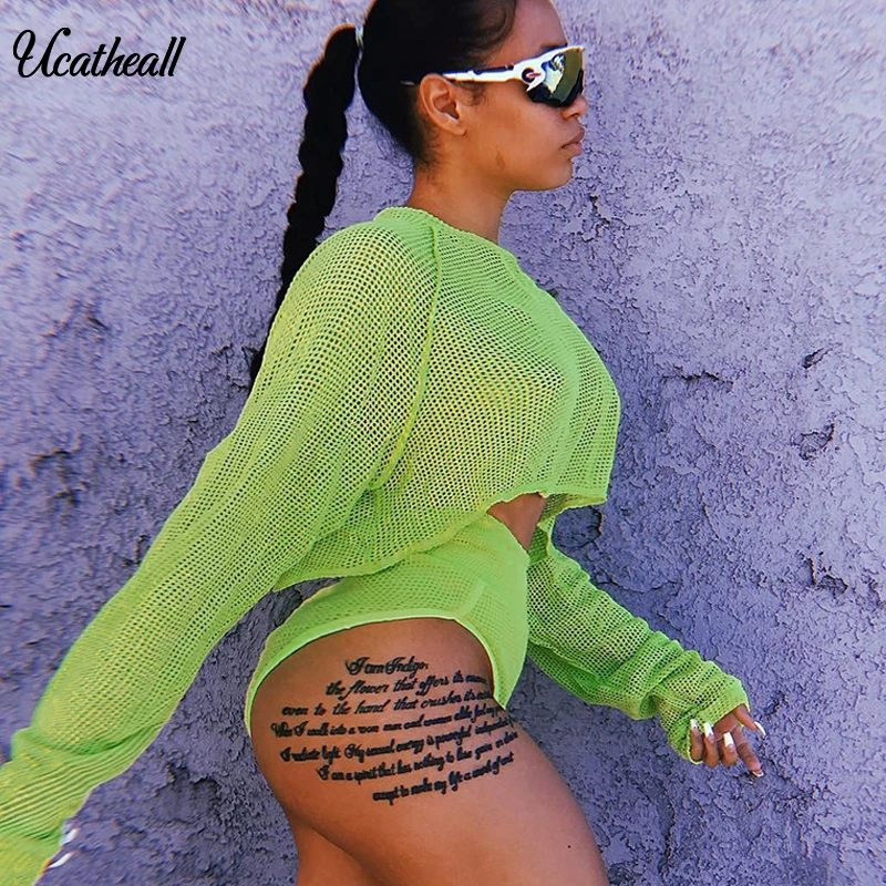 

Sexy Womens Fish Net Tops T-shirt O Neck Long Sleeve Ladies See Through Cropped Tops Ladies Hollow Out Fashion Top
