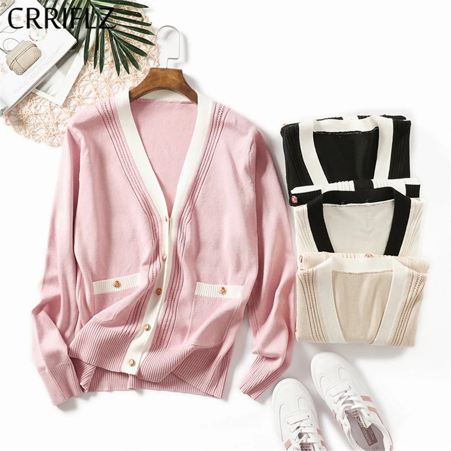 

Autumn Winter New Simple Cardigan Ladies Sweater Computer Knitted V-neck Casual Viscose Solid Single Breasted Full CRRIFLZ