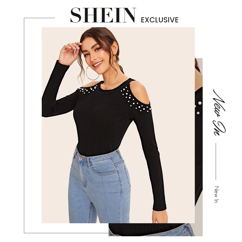 SHEIN черный топ с открытыми плечами и жемчугом, украшенный бусинами, вязаная в рубчик, женская элегантная футболка, осенняя тонкая Однотонная футболка с длинными рукавами