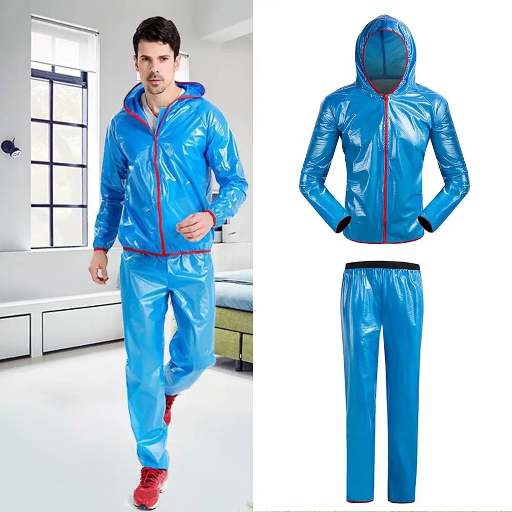 

Men Hooded Patchwork Waterproof Breathable Raincoat Blue Set Outdoor Rainsuit Storage Bags Front Zipper Zip