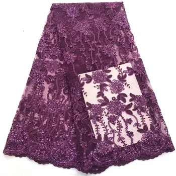 

(5yards/pc) High quality eggplant purple African tulle lace French net lace fabric with embroidery and sequins for dress FZZ706