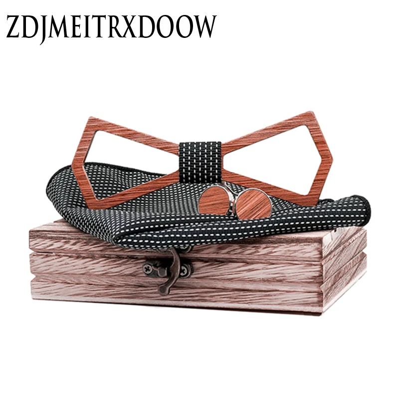 T207 модный полый резной деревянный бабочка Карманный платок запонки набор