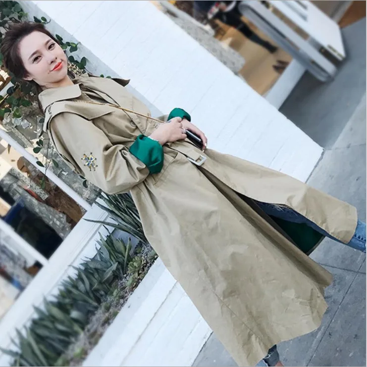 spring autumn elegant women embroidery trench coat plus size female casual outerwear OL lady fashion long coat khaki