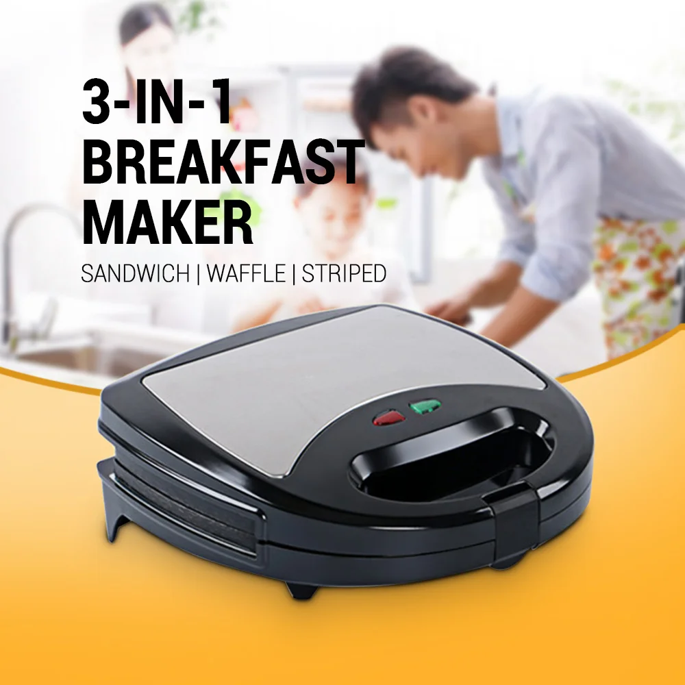 

3-In-1 Sandwich Toaster Breakfast Maker Stainless Steel Coating 3 Removable Baking Models Smart Temperature Control 2019 New