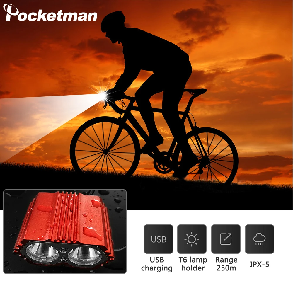 Powerful USB Rechargeable Bike Light 2*T6 LED Front Bicycle Headlight Waterproof Dual Lamps for Cycling No Battery | Лампы и освещение
