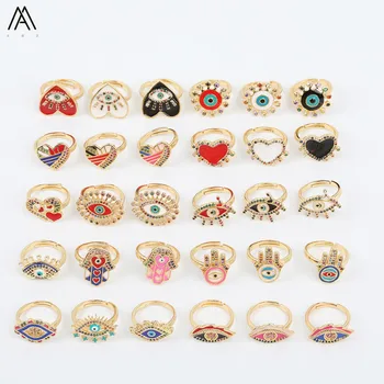

10PCS Rainbow CZ Micro Paved Heart Shape Gold Rings,Rainbow Enamal Paved Hamsa Hand Evil Eye Gold Adjustable Ring For Women