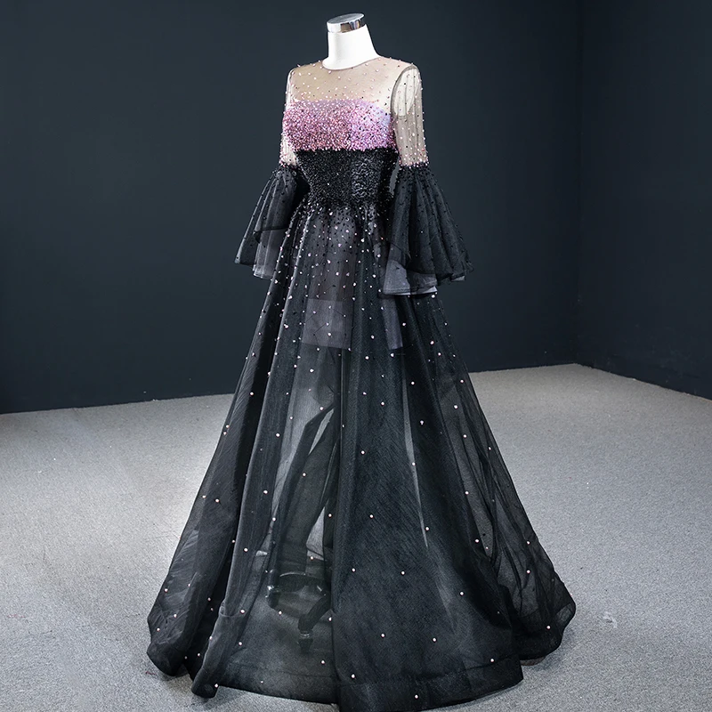J67155 Simple Elegant Long Sleeve Pink Rhinestone Black Evening Dress 2020 Lace Up Back A-Line Floor-Lenght فستان سهره طويل 4