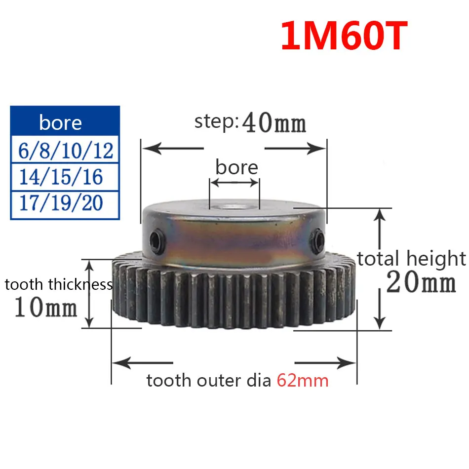 1/2/5PCS 1M 60T Spur Gear Pinion Bore 8mm Step 40mm Tooth Quench Motor 1 Modulus 60 Outer Diameter 62mm | Обустройство дома