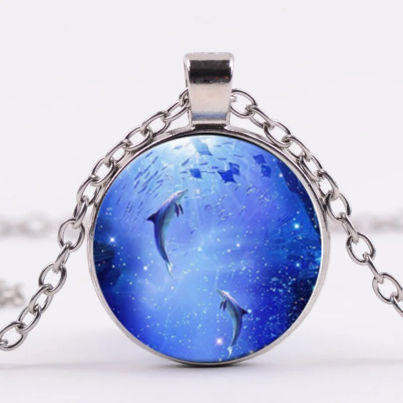 

New Retro Glass Alloy Necklace Dolphin Moonlight Pendant Necklace Sweater Chain