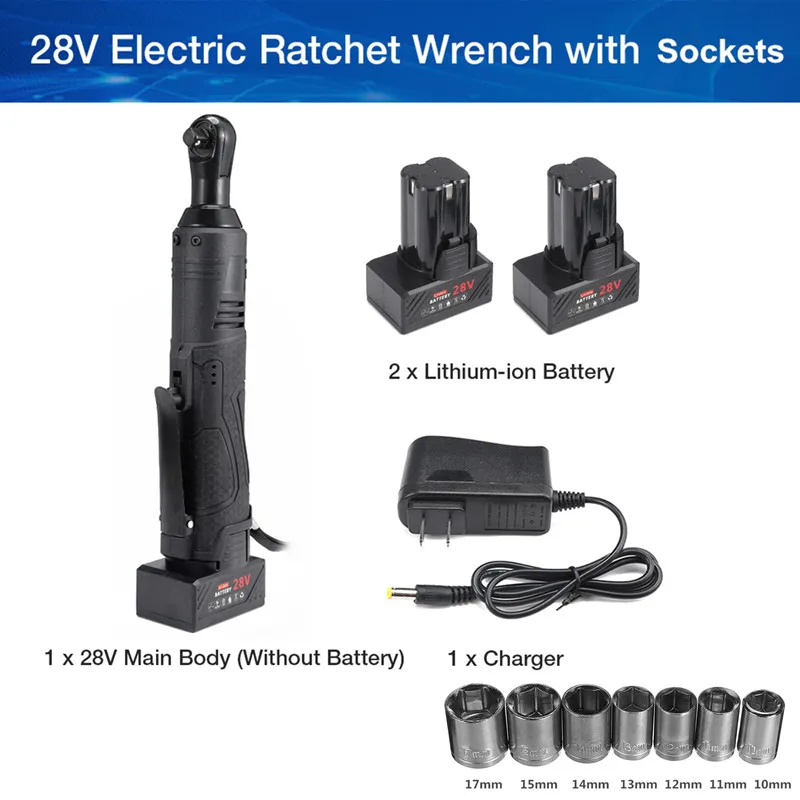 12V 18V 28V 3/8 ''2 литий-ионный Батарея электрический ключ с трещоткой Перезаряжаемые электрический Беспроводные Угловые гаечные ключи для автомобиля - Цвет: 28V and Sockets