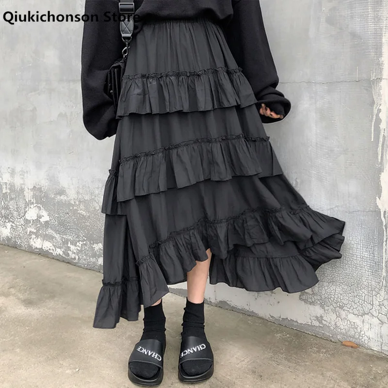 Qiukichonson Midi Long Skirts Womens Maxi Skirt Goth Lolita Summer High Waisted Asymmetrical High Low Ruched Ruffle Skirts rok japanese lolita mine short skirts for women 223 summer and autumn new sweet elegant two love straps ruched midi skirt ladies