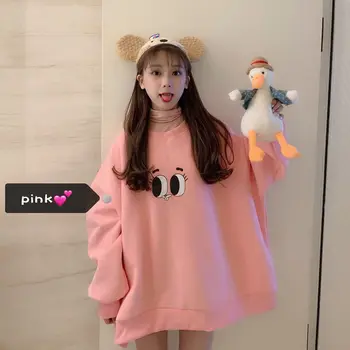 

Harajuku Kawaii Cartoon Print Pullover Schoolgirl Autumn Winter New Top Preppy Style Loose Plus Velvet Thicken Sweatshirt Women