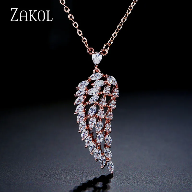 Rose Gold ZAKOL Новое поступление Мода Листья кубическая Подвеска из циркония Ожерелья для женщин Девушка Крылья ангела любви Рождественский подарок ювелирные изделия FSNP2020 - Окраска металла: Rose Gold