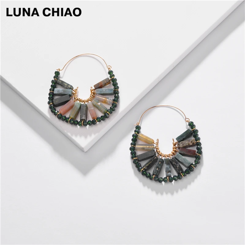 LUNA CHIAO, BOHO, массивные серьги, бижутерия, модное ювелирное изделие, ручная работа, богемный стиль, натуральный камень, стекло, большие серьги-кольца для женщин