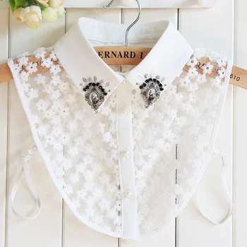 

Sitonjwly Ladies Detachable Collar for Women Summer Lace Fake Collar Rhinestone False Collar Lapel Button Blouse Tops Jewelry