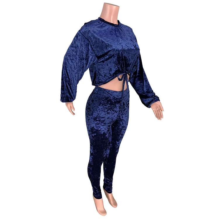 A120202 new stylish long sleeve O neck solid color drawstring velvet womens two piece sweat suits clothing