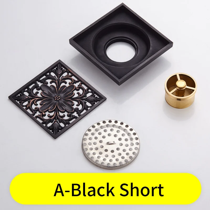 A-Black-Short Напольные дренажные крышки черный латунный квадратный душ напольные дренажные крышки Фильтр для раковины линейный пол отходов решетки - Цвет: A-Black-Short