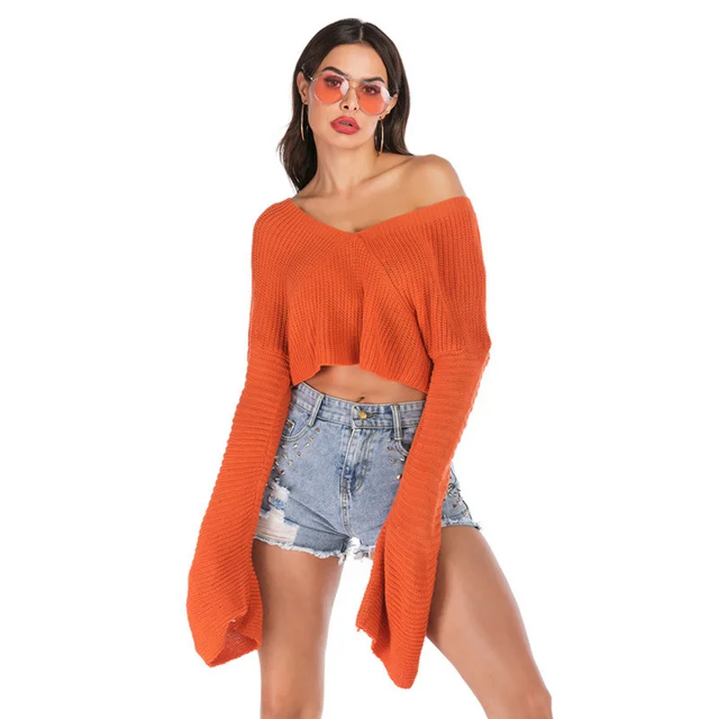 Womens Sweaters Short Cropped Sweater Women Winter Loose Solid Color Sweater Long Sleeve V-neck Winter Clothes Women Pull Femme