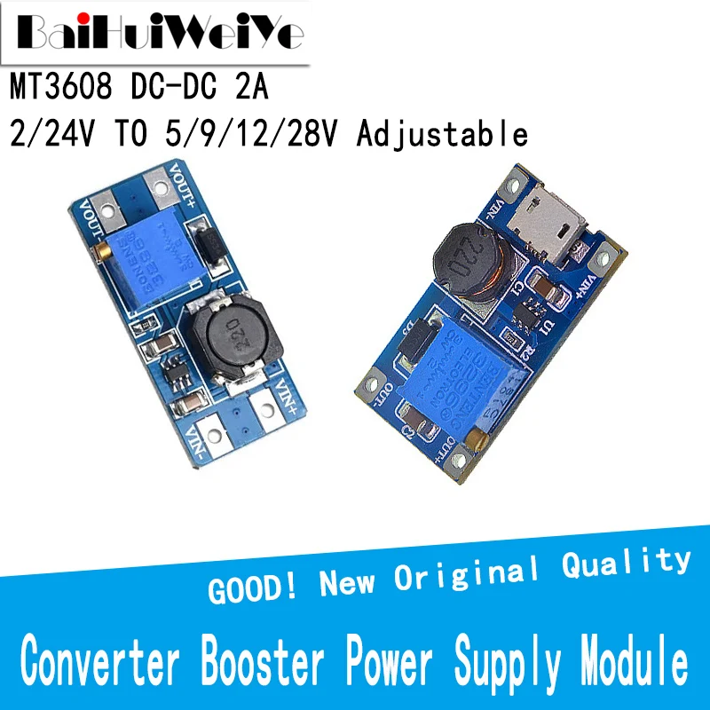 MT3608 DC-DC Adjustable Boost Module Output 28V 2A Step Up Converter Booster With MICRO USB 2V-24V to 5V 9V 12V 28V