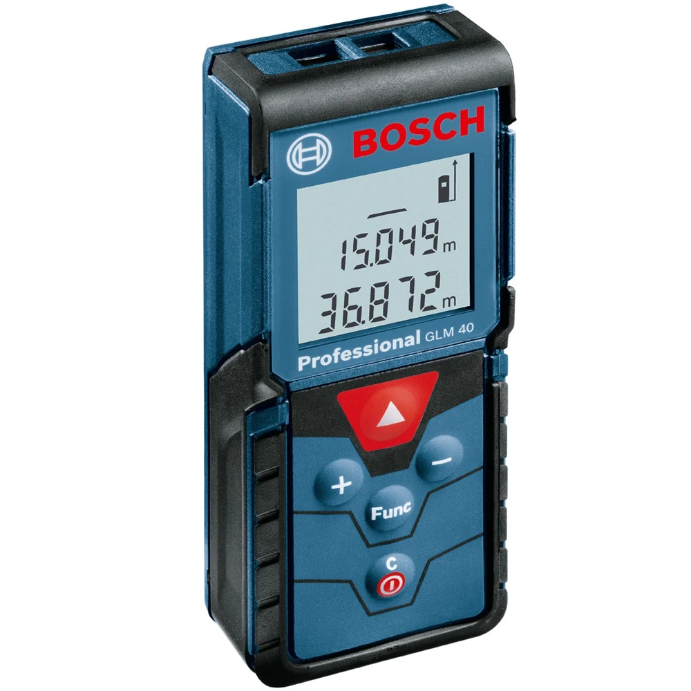 Дальномер лазерный Bosch GLM 40 (дальность измерения 40 м, точность измерения 1.5 мм, вычисление площади, ремешок на руку и сумка в комплекте)