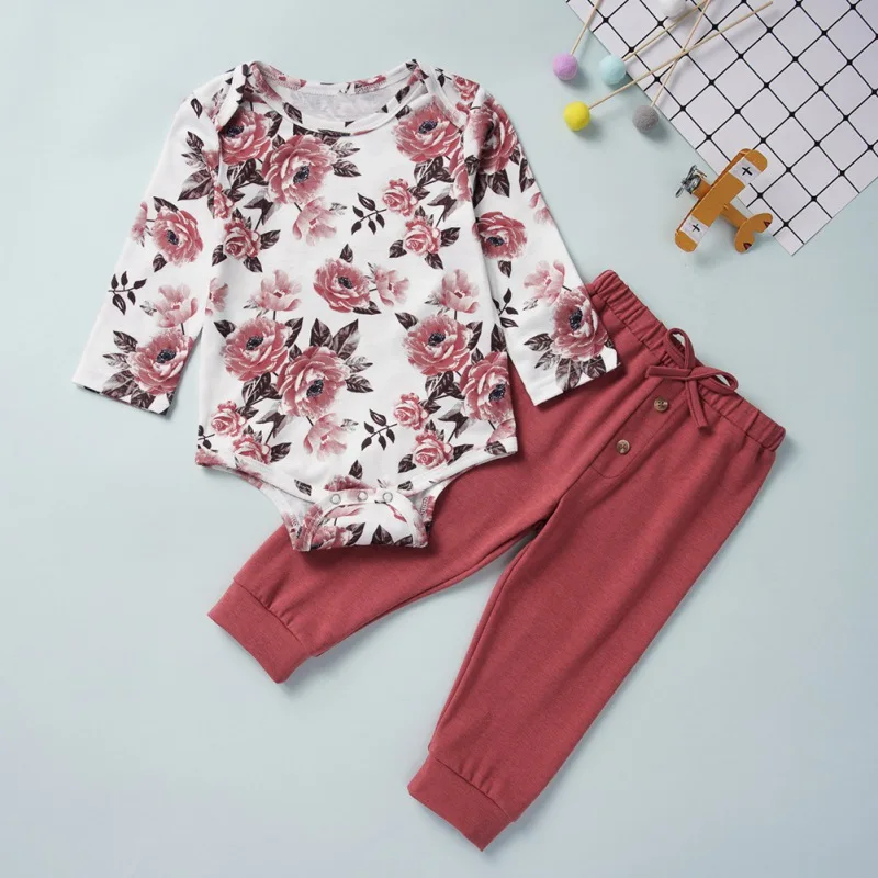 

Newborn Baby Girl Clothes 0-3T Autumn Casual Floral Print Long Sleeve Romper Solid Color Pant 2pcs Sets #m