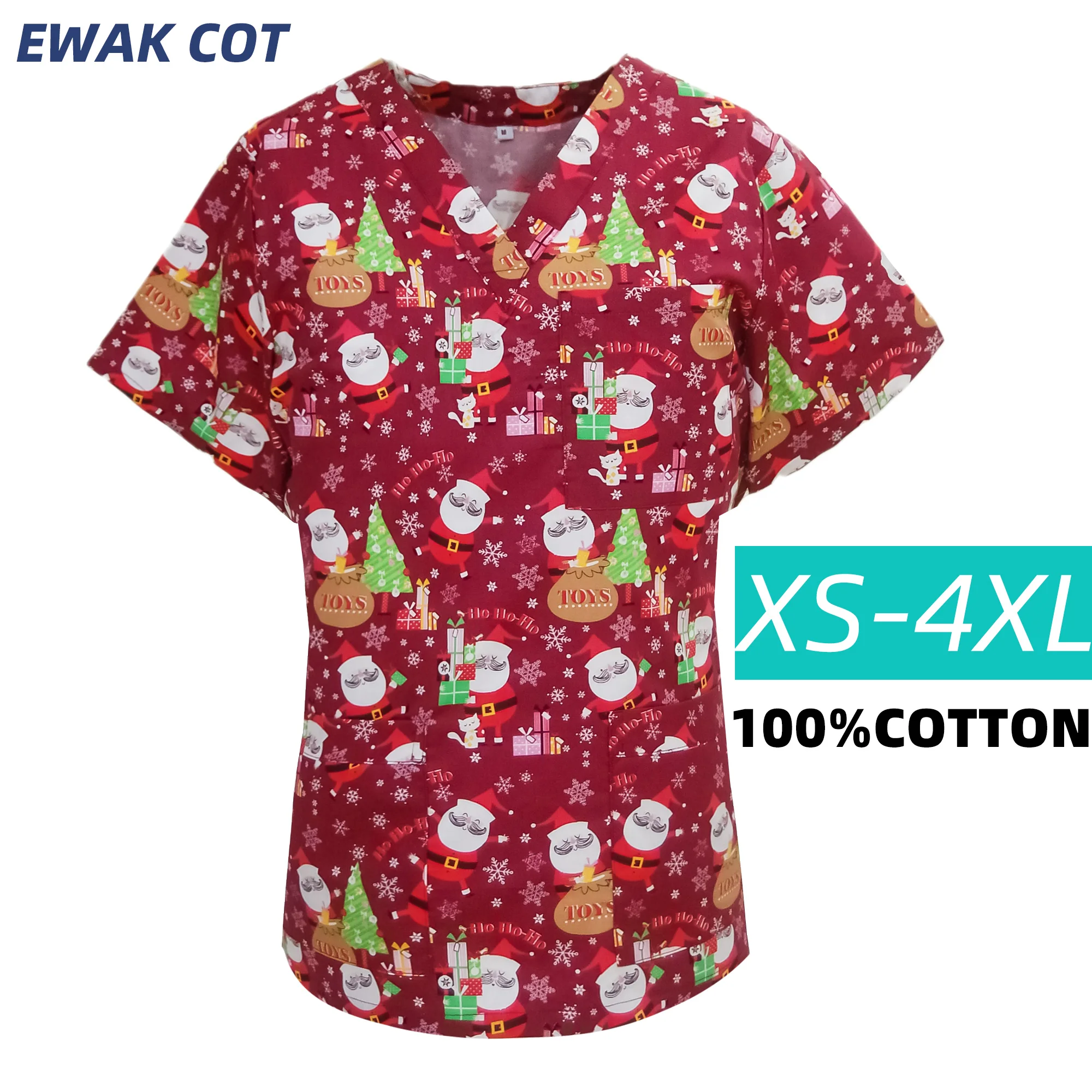 Fashion Christmas Scrubs Tops Clinical Uniforms 3 Pocket Short Sleeve V-neck Tops Nurse Uniform T-shirts Medical Scrubs Blouse