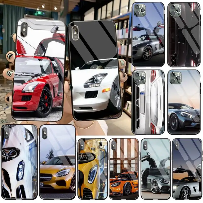 

YJZFDYRM Cool Car AMG Luxury Unique Phone Cover Tempered Glass For iPhone 11 Pro XR XS MAX 8 X 7 6S 6 Plus SE 2020 case