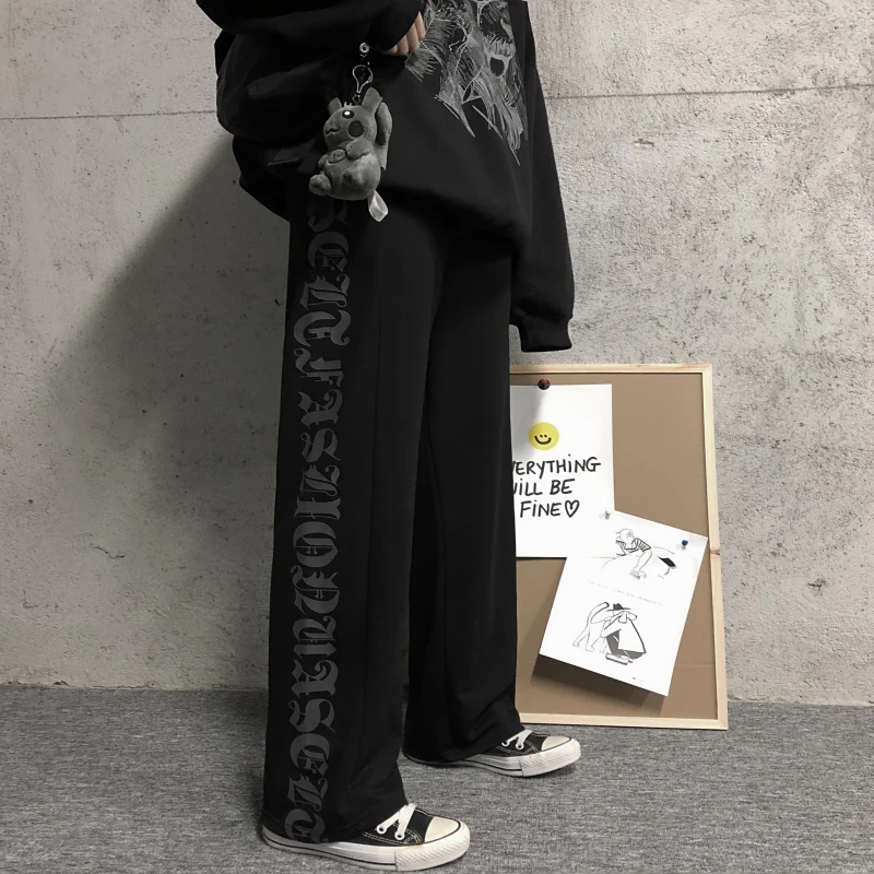 Харадзюку контрастный граффити письмо печати Sweatpant корейский хип хоп Уличная одежда свободные брюки размера плюс для женщин и мужчин брюки с высокой талией