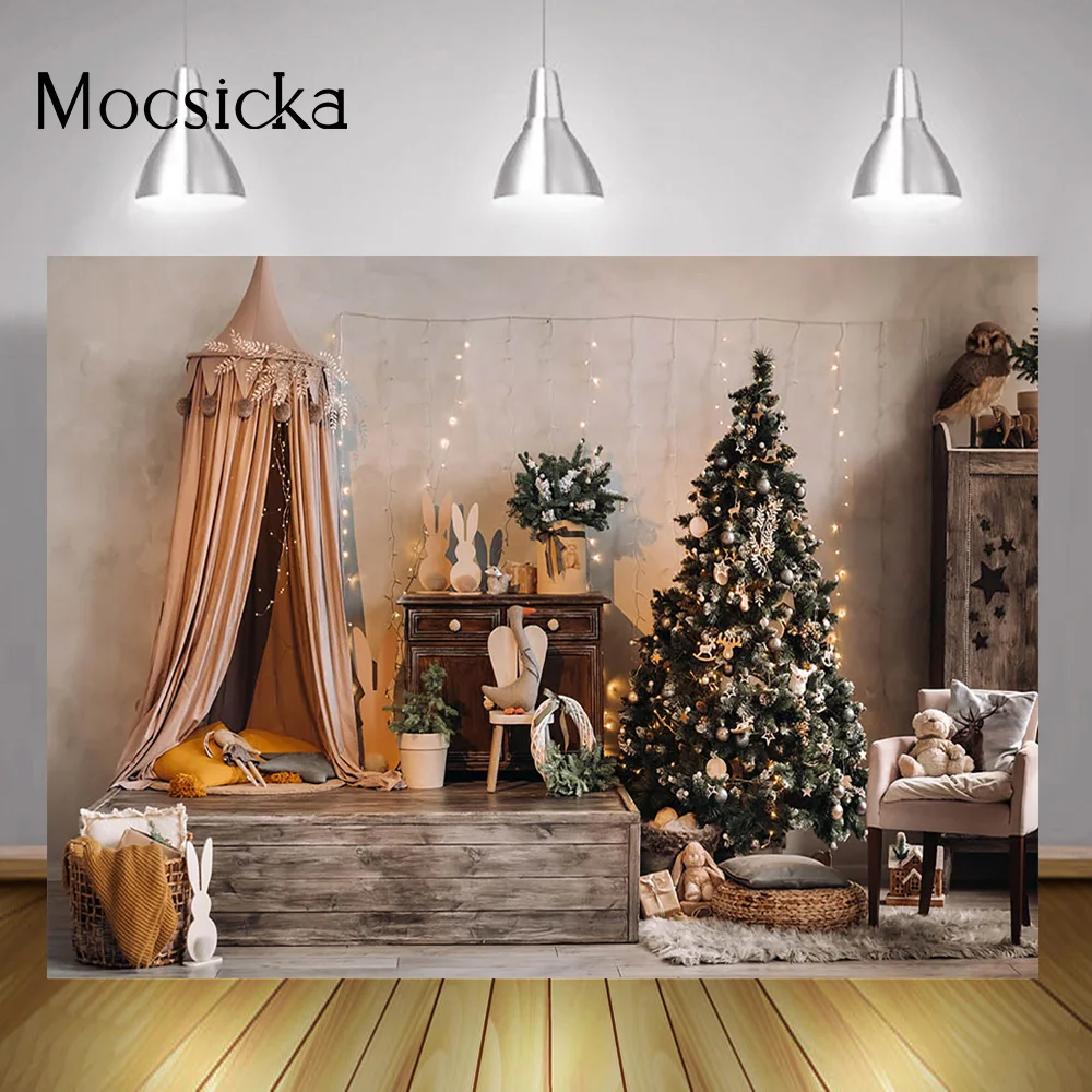 

Winter Indoor Kids Portrait Background Photo Studio Christmas Tree Tent Birthday Cake Smash Backdrop Animals Gifts Photography