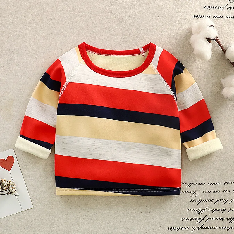 Red striped Футболки для малышей г. Осенне-зимняя флисовая футболка с длинными рукавами для девочек и мальчиков, Теплые Топы, Детская футболка для мальчиков и девочек - Цвет: Red striped