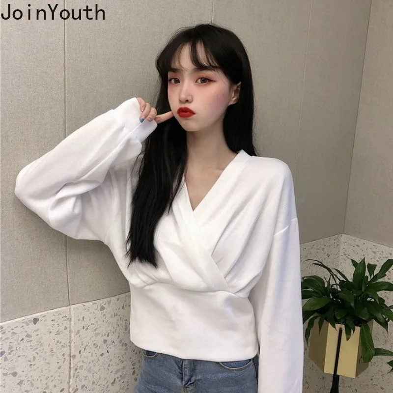 Joinyouth ткань Женская Корейская Harajuku однотонная ropa mujer с v-образным вырезом Полная Толстовка тонкая высокая Талия свободная модная короткая Толстовка 212