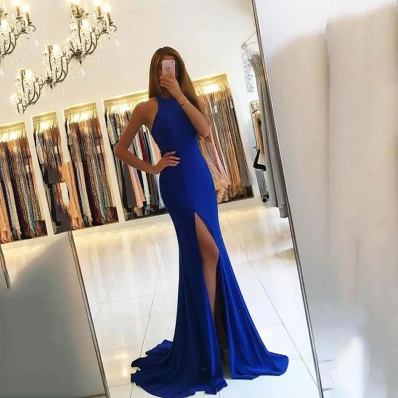 

Royal Blue Sexy Prom Dresses 2019 Long Girl Satin Side Slit Evening Dress Simple Cheap Long Party Gown Vestido de Festa Longo