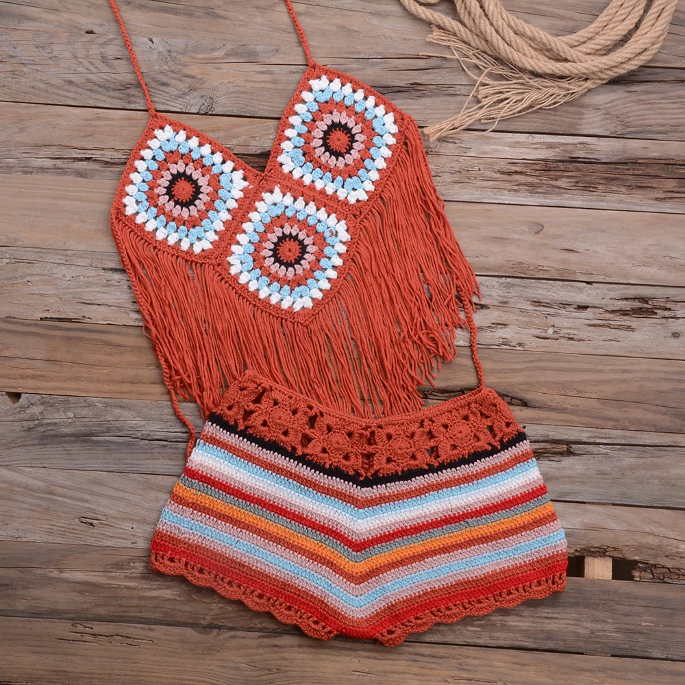Conjunto de unids/set de Crochet hecho a mano con rayas de colores variados, Top largo con borlas y Bottoms de Bikini, ropa de baño, ropa de playa, novedad de 2020 - AliExpress