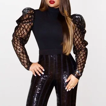 

Mesh Puff Long Sleeve Sexy T-Shirt Women Summer Black Gothic Tshirt 2020 Night Club Elegant Party Office Solid White T Shirts